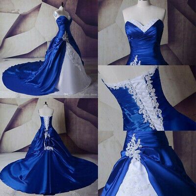 White And Royal Blue Wedding, Royal Blue Wedding Dresses, Royal Blue And White Wedding, Wedding Dresses Gothic, Blue Lace Wedding Dress, Jean Wedding, Blue Wedding Dress Royal, White Bridal Dress, Wedding Dress Petticoat