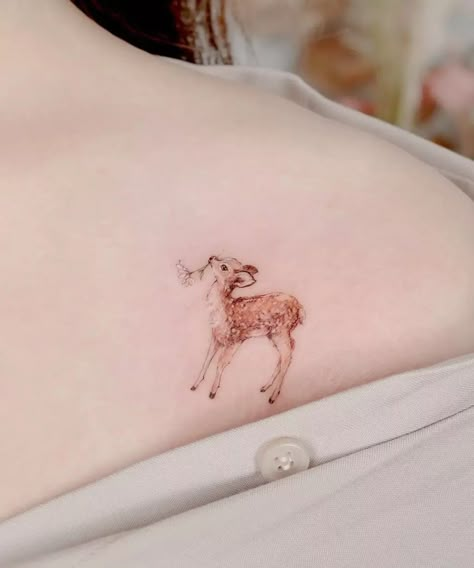 Nature Tattoos Ankle, Sun Catcher Tattoo, Cute Deer Tattoo, Deer Flower Tattoo, Light Brown Tattoo, Small Deer Tattoo, Cute Tattoo Placement, Energy Tattoos, Baby Deer Tattoo