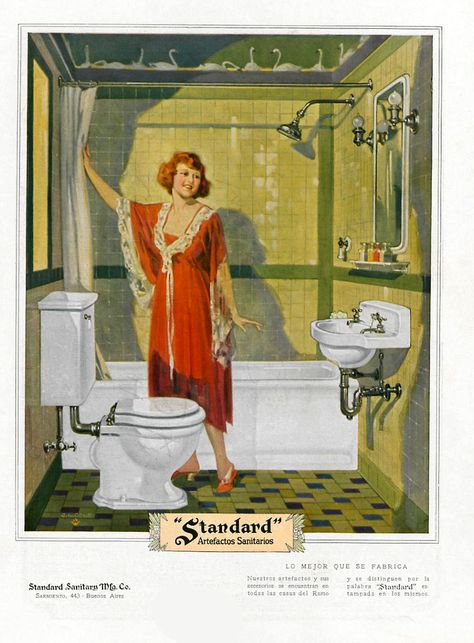 1930s Bathroom, 1930s Home Decor, Print Bathroom, Vintage House Plans, Deco Bathroom, Retro Bathrooms, Vintage Bathrooms, Art Print Display, Vintage Room