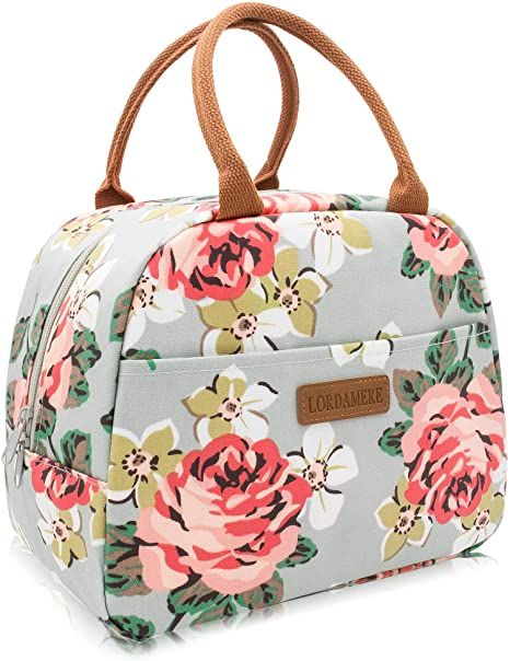 LORDAMERE Insulated Lunch Bag for Women, Floral Waterproof Thermal Lunch Bags for Work, Flower Insulated Lunch Box Cooler Bag (Grey) Designer Lunch Bags, Fashionable Lunch Bags, Stylish Lunch Bags, Lunch Boxes For Women, Bags For Work, Thermal Lunch Bag, Handmade Fabric Bags, Cooler Tote Bag, Lunch Tote Bag