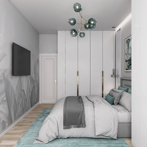 3D визуализация спальни в Москве Grey Turquoise Bedroom, Modern Light Bedroom, Turquoise Bedroom, Light Gray Bedroom, Modern Bedroom Lighting, Grey Bedroom Design, Bedroom Turquoise, Light Bedroom, Grey Bedroom