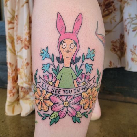 Traditional Bobs Burgers Tattoo, Louise Belcher Tattoo Ideas, Louise Belcher Tattoo, Tina Belcher Tattoo, Bobs Burgers Tattoo, Louise Tattoo, Louise Belcher, Empire Tattoo, Ankle Tat