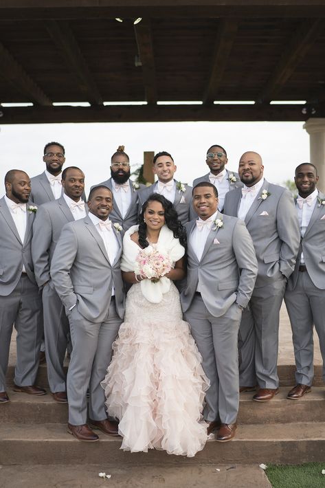 Groomsmen Blush Pink, Pink Wedding Groomsmen, Sneakerhead Wedding, Light Grey Groomsmen Suits, Winter Wedding Groomsmen, Grey Groomsmen Suits, Groomsmen Photo Ideas, Pink And Grey Wedding, Blush And Grey Wedding