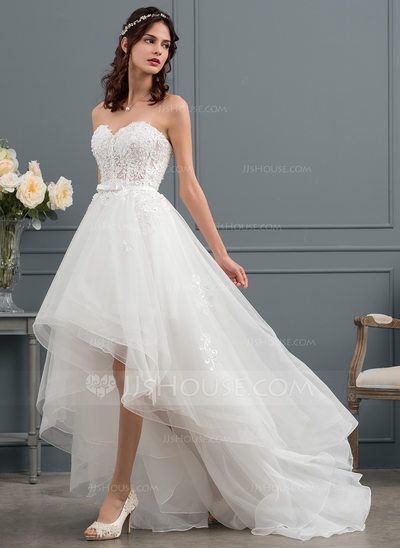 [£201.00] A-Line Sweetheart Asymmetrical Tulle Wedding Dress With Beading Sequins Bow(s) Asymmetrical Wedding Dress, Lace Sweetheart Wedding Dress, Wedding Dress With Beading, Wedding Dress Silhouette, Bow Wedding Dress, Buy Wedding Dress, Wedding Silhouette, Wedding Dress Sequin, Sequin Wedding