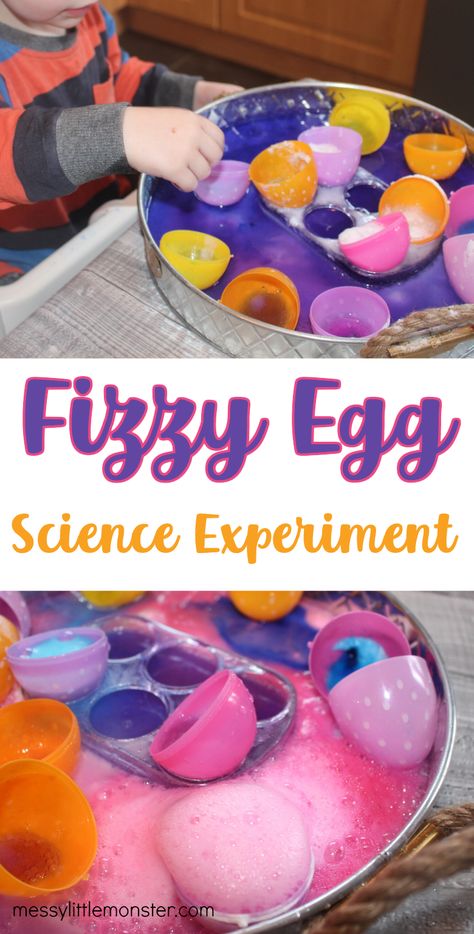 Fizzy plastic Easter eggs baking soda and vinegar reaction. Easy science experiments for kids. Easter Egg Science Experiment, Easter Science Activities For Kids, Plastic Easter Egg Activities Preschool, Fizzy Eggs Baking Soda, Easter Experiments For Preschoolers, Egg Experiments For Preschool, Plastic Easter Egg Activities, Fizzy Easter Eggs, Easter Experiments For Kids