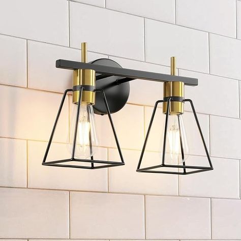 HAHZT Industrial Bathroom Vanity Lights: 2 Lights Black and Gold Vintage Metal Cage Wall Sconces - Rustic Farmhouse Lightning Fixture Over Mirrors Cabinet for Home Hallway - Amazon.com Rustic Farmhouse Light Fixtures, Lightning Fixture, Industrial Bathroom Vanity Lights, Industrial Bathroom Lighting, Bathroom Vanity Lights, Home Hallway, Industrial Bathroom Vanity, Light Fixtures Bathroom Vanity, Farmhouse Light Fixtures