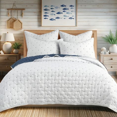 The Embroidered Swiss Dot Reversible Quilt Set by Levtex Home is inspired by stitching techniques. Offered in white and navy, this design will immediately transform your bedroom. This reversible quilt features a small navy dot stitch on white on the front, reversing to a small white dot stitch on navy on the back. The Quilt and Shams have a front and back, filled with a cotton-rich filler, and are machine washable. Enjoy this for years to come! Navy Euro Sham, White Coverlet, King Quilt Sets, Navy Quilt, Stitching Techniques, Linen Quilt, Euro Sham, Euro Shams, Coverlet Set