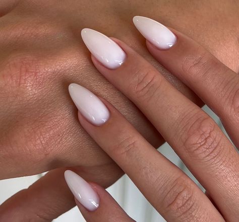 Milky Pink And White Nails, Milky Pink Almond Nails, Acrylic Stiletto Nails, Mc Nails, Nails Solid Color, Biab Nails, Nails Solid, Engagement Nails, Almond Press On Nails