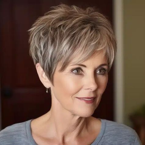 Middle Age Short Hair Styles, Short Women’s Haircuts, Summer Pixie Cut, Grey Haircuts, Longer Pixie, Feathered Layers, Short Spiked Hair, Mom Hair, Short Silver Hair