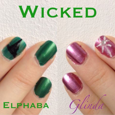 Wicked the Musical Nails Elphaba and Glinda Wicked Musical Nail Designs, Wicked The Musical Nails, Glinda The Good Witch Nails, Wicked Musical Inspired Nails, Wicked Glinda Nails, Wicked Movie Nails, Wicked Musical Nails, Elphaba Nails, Wicked Nails Musical