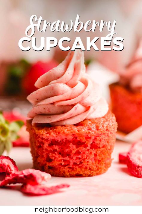 We upgrade a simple cake mix with three types of strawberries to make these easy Strawberry Cupcakes! Pair them with a simple, creamy strawberry buttercream for a moist cupcake that is bursting with strawberry flavor! Strawberry Cupcakes With Cake Mix Boxes, Easy Strawberry Cupcakes, Strawberry Cupcake Recipe, Strawberry Cupcake Recipes, Types Of Strawberries, Cocktail Cupcakes, Strawberry Breakfast, Strawberry Cupcake, Holiday Baking Recipes