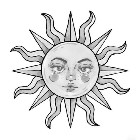 Aesthetic Coloring Pages Simple Indie, Sun Sketch Aesthetic, Sun With Face Drawing, Sun With Face Tattoo, Sun Face Tattoo, Sun Symbols, Sunshine Tattoo, American Traditional Tattoo Ideas, Traditional Tattoo Ideas