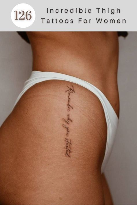 Writing Down Hip Tattoo, Vertical Hip Tattoo Quote Writing, Words Hip Tattoo, Quote Tattoo On Hip, Side Writing Tattoos Women, Right Hip Tattoo, Hip Tattoo Quotes Vertical, Down The Hip Tattoo, Hip Writing Tattoos Women