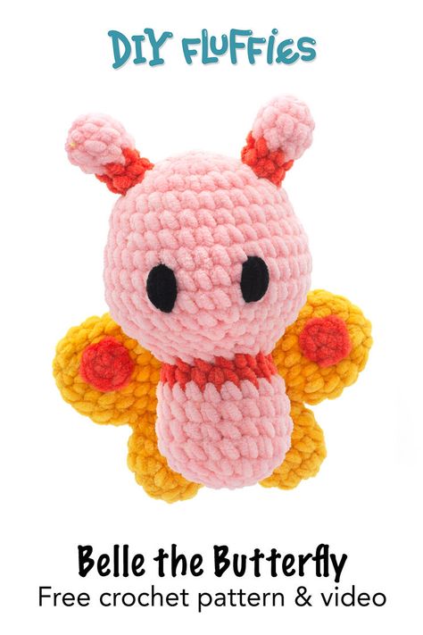 Crochet A Butterfly, Butterfly Amigurumi, Butterfly Crochet Pattern, Beginner Amigurumi, Diy Crochet Hook, Crochet Butterfly Free Pattern, Butterfly Crochet, Butterfly Animal, Lilo And Stitch Drawings