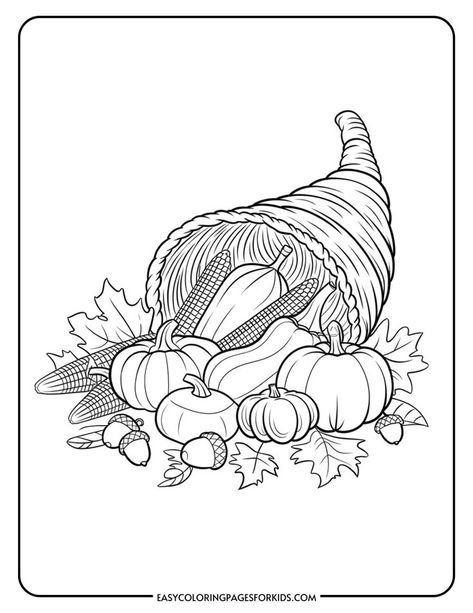 Line art illustration of a cornucopia filled with various pumpkins, corn, acorns, and autumn leaves, perfect for a Thanksgiving-themed coloring activity for kids. How To Draw A Cornucopia, Cornucopia Doodle, Cornucopia Drawing, Thanksgiving Turkey Drawing, Thanksgiving Sketches, Doodle Guide, Easy Coloring Pages For Kids, Thanksgiving Favorites, Thanksgiving Drawings