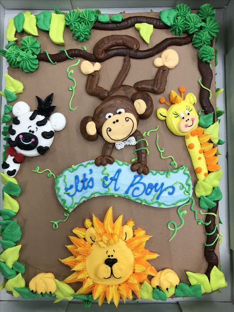 Jungle cake Simple Jungle Theme Cake Without Fondant, Safari Sheet Cake, Zoo Cake Ideas, Jungle Theme Cake Without Fondant, Baby Shower Food For Boy, Jungle Themed Cake, Cakes Without Fondant, Baby Shower Sheet Cakes, Dragon Cupcakes