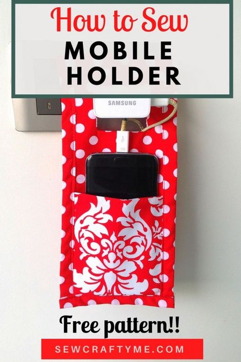 DIY mobile phone charger holder. Easy and quick to sew. Perfect to keep your mobile tucked away and safe. Diy Phone Charger, Cell Phone Holder Diy, Fabric Mobile, Cell Phone Charger Holder, Phone Charging Station, Easy Crafts To Sell, Phone Charger Holder, Sewing To Sell, Charger Holder