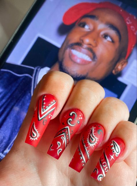 Tupac Nails, Red And Purple Nails, Bandana Nails, Inspired Nails, Nail Idea, Red And Purple, Tupac, Purple Nails, Red Nails