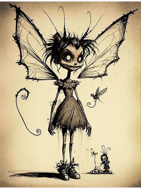 Tim Burton Creatures, Gothic Drawings Creepy Dark Art, Dark Witch Drawing, Dark Fantasy Drawings, Dark Fairy Drawing, Tim Burton Inspired Art, Macabre Drawing, Tim Burton Style Drawings, Halloween Watercolor Art