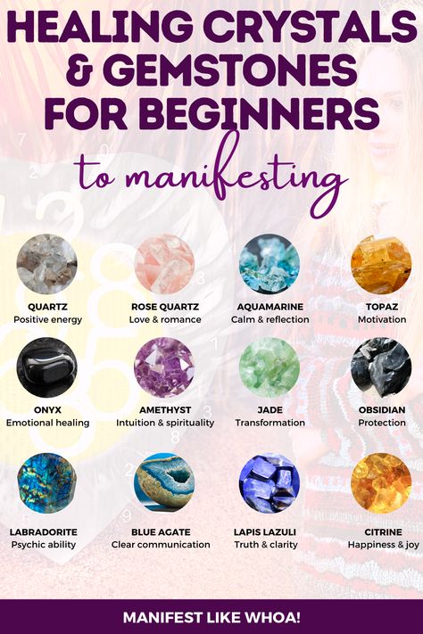 Discover the 12 best healing crystals and gemstones meanings for manifesting. This crystal meanings guide will help you quickly and easily choose the best crystals for beginners, crystals for healing, crystals for manifestation, crystals for love, crystals for empaths. Crystal Guide For Beginners, Crystals And Gemstones Meanings, Manifesting Crystals, Crystals For Empaths, Manifestation Crystals, Crystals For Beginners, Crystals For Love, Best Healing Crystals, Crystals For Healing