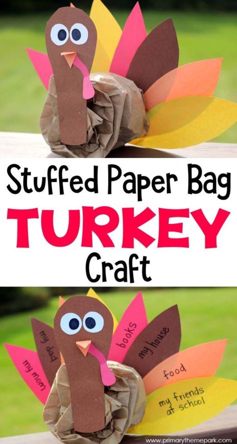 Paper Bag Turkey Craft - Primary Theme Park Stuff Turkey Thanksgiving, Paper Bag Turkey Craft, Paper Bag Turkey, Thanksgiving Decorations For Kids, Turkey Crafts Kids, Thanksgiving Crafts For Toddlers, Thanksgiving Crafts Preschool, Thanksgiving Turkey Craft, Paper Bag Crafts