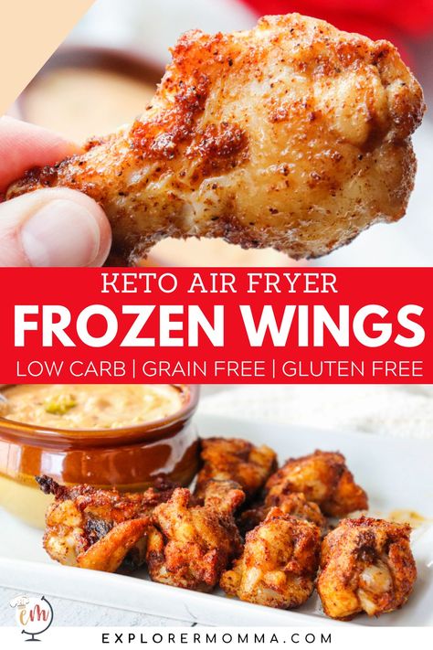 Make the perfect frozen chicken wings at home with this easy air fryer recipe! Serve up juicy, delicious wings with little mess and minimal prep time. Enjoy the crunchy goodness of your favorite low carb keto game day snack without all the fuss! Keto Air Fryer Chicken, Low Carb Chicken Wings, Healthy Chicken Wings, Air Fryer Keto, Keto Chicken Wings, Wings Chicken, Frozen Chicken Wings, Delicious Keto Recipes, Keto Air Fryer