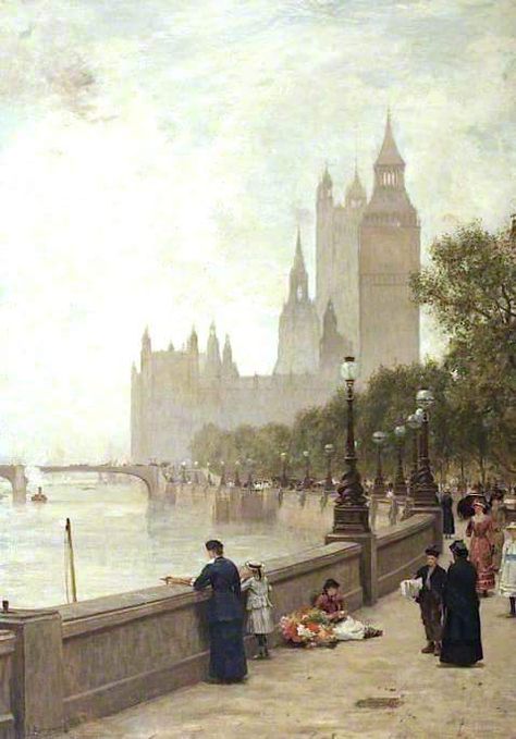 The Thames Embankment, London - 1882 | James Aumonier #United Kingdom, 1832-1911 1800 Aesthetic, London 1800, London Painting, Master Art, Victorian London, Classic Paintings, Great Paintings, Old London, Art Uk