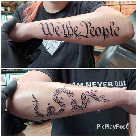 We The People Tattoo Forearm, Live Free Or Die Tattoo, Patriotic Sleeve Tattoos For Guys, Join Or Die Tattoo, We The People Tattoo, Patriotic Tattoos, Occult Tattoo, Tattoos Inspiration, Tattoo Forearm