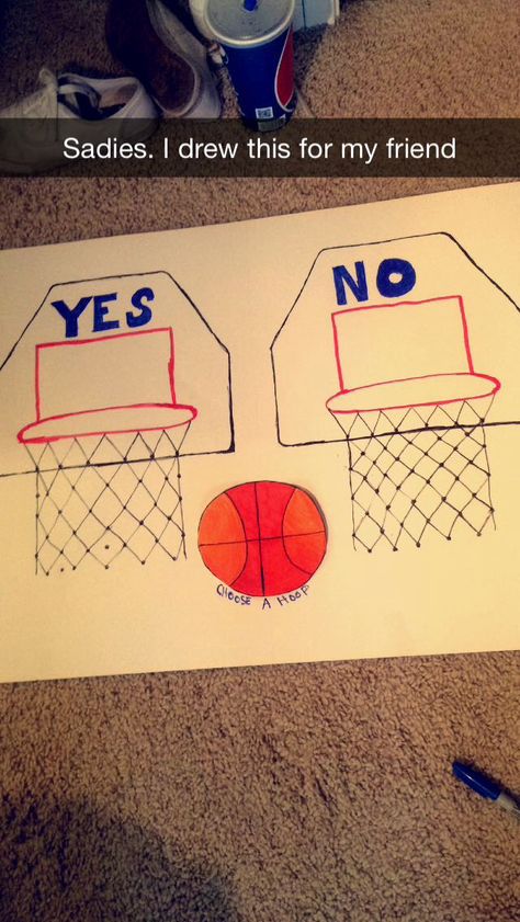 I personally drew this for my friend who was asking a guy on the basketball team to sadies. (HE SAID YES) Promposal For Guys, Promposal Ideas For Guys, Basketball Proposal, Signs For Games, Basketball Promposal, Sadies Proposal, Guys Prom, Sadie Hawkins Dance, Promposal Ideas