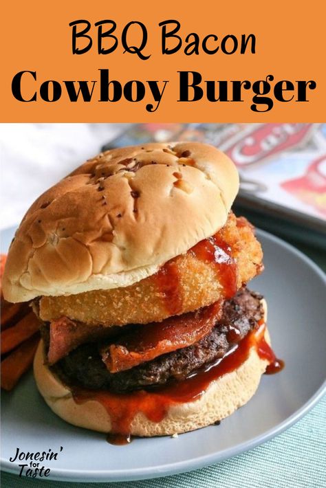 These BBQ Bacon Cowboy Burgers are such an easy recipe to make at home you’ll want to skip the restaurant and fire up the grill instead. A tasty ground beef patty is topped with BBQ sauce, crispy onions or onion rings, and bacon! #jonesinfortaste #burger #burgerrecipes #burgermonth Cowboy Burger, Spicy Burger, Amazing Burger, Easy Burger Recipe, Easy Burgers, Bbq Bacon, Bacon Burger, Weeknight Dinner Recipes Easy, Burger Buns