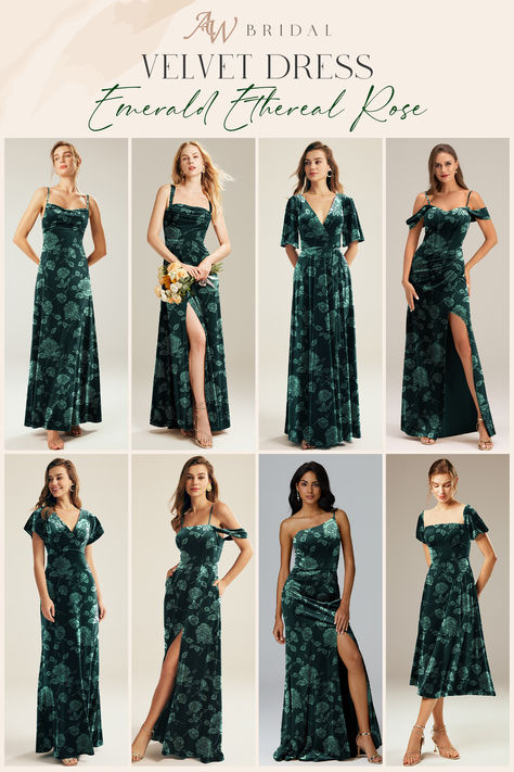 Make a statement with our Velvet Emerald Floral Dresses! Luxurious, elegant, and perfect for any occasion. 💚 #BridesmaidDresses Emerald Green Floral Bridesmaid Dresses, Green Floral Bridesmaid Dresses, Green Floral Bridesmaid, Ethereal Rose, Green Spring Wedding, Floral Bridesmaid Dress, Velvet Green Dress, Velvet Bridesmaid, Hunter Wedding