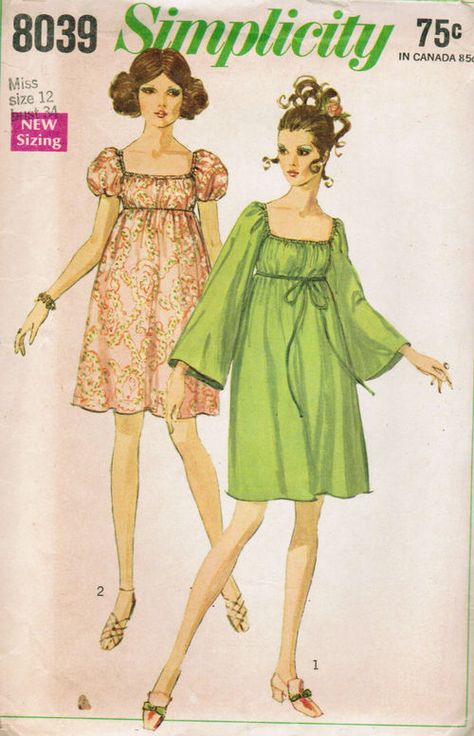 Simplicity 8039; ©1968; The dress with raglan sleeves has elastic casing at lowered square neckline and at empire waistline seam. A ribbon belt may be worn over seam slipped thru thread carriers. V1 has long bell sleeves. V2 has short puff sleeves with elastic casings at lower edges. [insert your photos of this pattern made up] Vintage Fashion 1960s, Patron Vintage, Fashion 1960s, Vintage Dress Patterns, Ribbon Belt, Retro Mode, Empire Waist Dress, Sewing Pattern Sizes, 1960s Fashion