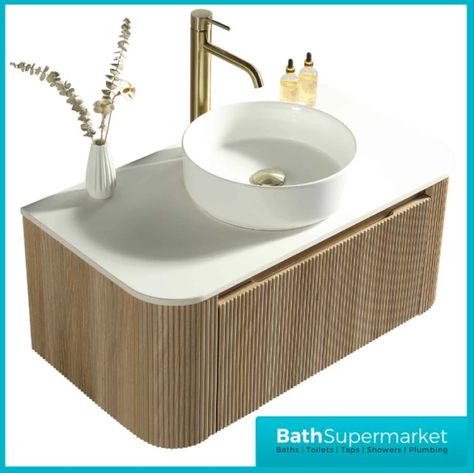 Tailored Fluted Wood Oak Wall Hung Curved Vanity Unit & Stone Counter Top 870mm | BATH SUPERMARKET Curved Vanity, Stone Counter, Corner Vanity, Curved Wall, Oak Wall, Bathroom Installation, Basin Unit, Bathroom Furniture Vanity, Vanity Basin