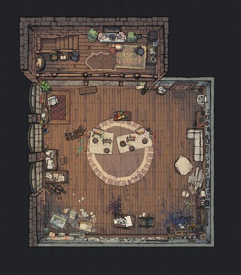 The Artist Atelier Battle Map Dnd Maps House, Dnd Workshop Map, Dnd Office Map, Dnd Town Art, Dnd Library Map, Dnd House Map, House Battlemap, Fantasy Workshop, Dnd Town