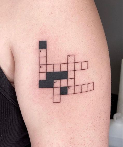 Crossword Tattoo Ideas, Crossword Puzzle Tattoo, Sudoku Tattoo, Uno Card Tattoo, Scrabble Tattoo, Crossword Tattoo, Puzzle Tattoo Ideas, Puzzle Tattoo, Horrible Tattoos