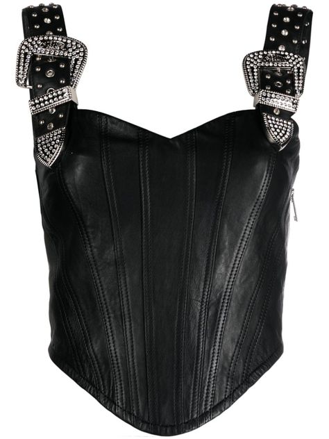 black lambskin corset style buckle-embellished shoulder straps sleeveless asymmetric hem Leather Top Outfit, Leather Tank Top, Black Leather Corset, Moschino Jeans, Leather Bustier, Black Leather Top, Top Clothing, Leather Corset, Tumblr Fashion