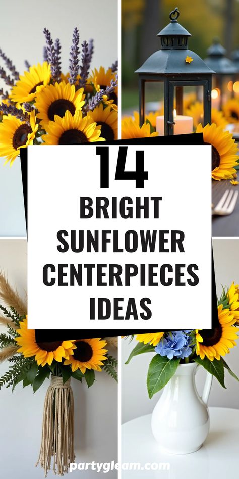 Looking to sprinkle some sunshine into your wedding decor? Discover these 14 amazing sunflower wedding centerpieces ideas that will illuminate your special day! From charming sunflower and lavender mixed arrangements to rustic boho sunflower accents and enchanting sunflowers paired with vibrant blue elements, we've got inspiration for every style. Your guests will be in awe of the fresh, joyful themes and lovely vibes these centerpieces create. Don't miss out on the chance to elevate your wedding with sunshine and smiles! Sunflower And Butterfly Party Theme, Sage Green And Sunflower Wedding, Green Sunflower Wedding, Sunflower Wedding Theme Rustic, Sunflower Party Ideas, Sunflower Centerpieces Diy, Watering Can Centerpieces, Sunflower And Lavender, Sunflower Wedding Centerpieces