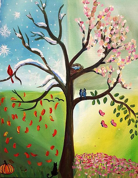 Four Seasons Tree, Four Seasons Art, Landscape Diy, Fantasy Tree, Tree Landscape, Painting Accessories, Seasons Art, Diamond Painting Kits, Colorful Trees