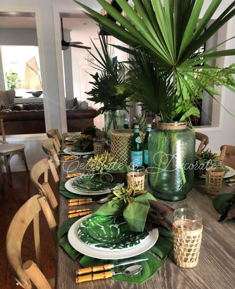 Welcome Summer with a Tropical Tablescape - Celebrate & Decorate Summer Dining Table Decor, Tropical Tablescape, Tropical Kitchen, Unicorn Room, Summer Tablescapes, Bottle Brush Tree, Summer Dining, Tropical Home Decor, Tropical Christmas