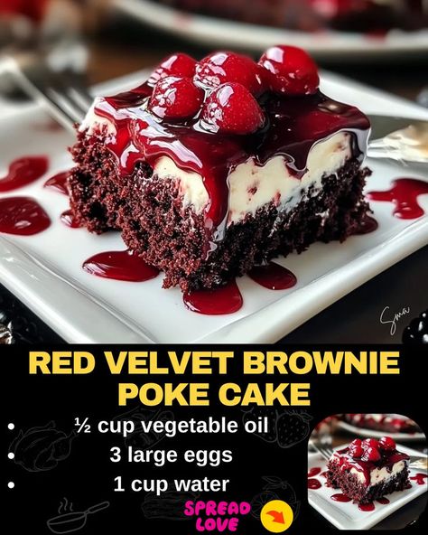 Red Velvet Brownie Poke Cake Red Velvet Box Cake Recipe, Brownie Poke Cake, Red Velvet Cake Mix Recipes, Red Velvet Poke Cake, Box Cake Recipes, Poke Cake Recipe, Mexican Casserole Recipe, Red Velvet Brownies, Chocolate Poke Cake