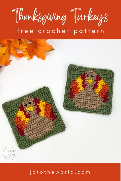 Perfect for beginners and seasoned crocheters alike, these gorgeous Tapestry Crochet Turkey Coasters are a fun project to complete before the holidays roll around. Designed to capture the essence of Thanksgiving, these coasters are sure to brighten up your holiday tables. Thanksgiving Crochet Patterns, Crochet Turkey, Crocheted Coasters, Thanksgiving Crochet, Coaster Pattern, Fall Crochet Patterns, Turkey Pattern, Crochet Coaster Pattern, Crochet Fall