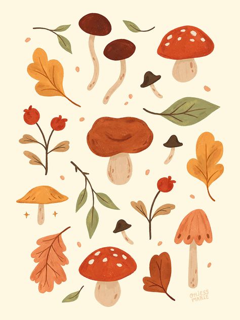 Autumn Poster Prints, Pottery Painting Mushroom Design, Fall Mushroom Art, Fall Forest Illustration, Autumn Leaf Illustration, Autumn Aesthetic Drawing, Leafs Drawings, Autumn Leaf Drawing, Fall Illustration Autumn