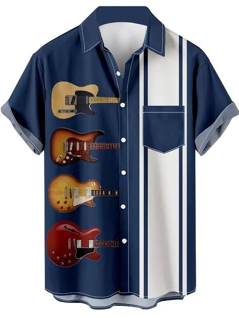 Men's Trendy Lapel Collar Graphic Shirt Stylish Guitar Print - Temu Japan Bowling Shirt Outfit Men, Bowling Shirt Outfit, Bowling Vintage, Funky Jeans, Vintage Bowling Shirts, Guitar Print, Flamingo Shirt, Bowling Shirt, Vintage Hawaiian Shirts