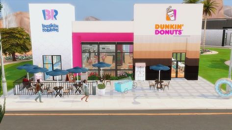 Baskins Robbins 🍦🍨 | Dunkin' Donuts 🍩🥤 | Patreon Dunkin Bloxburg, Sims 4 Dunkin Donuts Cc, Afro Hair Sims 4 Cc, Sims4 Ideas, Sims4 Build, Sims 4 Afro Hair, Sims4 Builds, Sims 4 Restaurant, Around The Sims 4