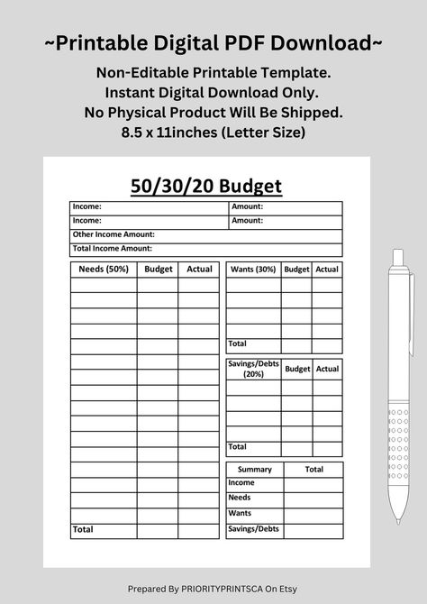 "Our printables were created to be simple, minimalist, straightforward and easy to navigate to help you keep track of things, become/stay organized and to plan to lead and live a more organized life, I've always found I'm much more productive when I'm organized, and it feels so good!  All of our printable pages are US letter size (8.5in x 11in / 216mm x 279mm) This item is for personal use only. Our printables cannot be altered, resold, redistributed or used for any commercial purposes.  PLEASE 50 30 20 Budget Template, 50 30 20 Budget, Weekly Budget Template, Paycheck Budget, Weekly Budget, Budget Sheets, Organized Life, Budget Tracker, Budget Printables