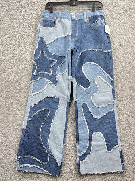 Free People Supernova Jeans Size 28 Lowrise Wide Leg Denim Jeans New $298 | eBay Custom Jeans Sewing, Mens Custom Jeans, Knee Patch Jeans, Creative Jeans Design, Jeans Reciclados Ideas, Cute Painted Jeans, Bleach Jeans Design, Jeans Customization, Distressed Jeans Diy