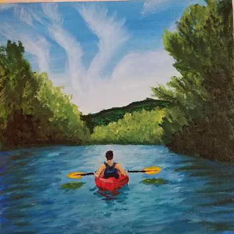 River Rafting Painting, Paddle Board Painting, Kayaking Drawing, Kayaking Painting, River Painting Easy, Kayak Painting, Canoe Painting, Mountains Art Painting, 2d Felting