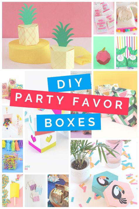 DIY PARTY FAVOR BOXES Paper Party Favors, Diy Party Favor Boxes, Diy Favor Boxes, Clear Favor Boxes, Candy Favor Boxes, Diy Pineapple, Mermaid Party Favors, Creative Party Ideas, Cricut Wedding