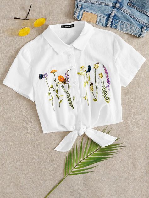 Plants Embroidery Tied Hem Blouse | SHEIN USA Retro Aesthetic Outfit, Kids Dress Collection, Clothes Embroidery Diy, Embroidery Tshirt, Stylish Short Dresses, Best Mehndi Designs, Girl Dress Patterns, Embroidery On Clothes, Hem Blouse