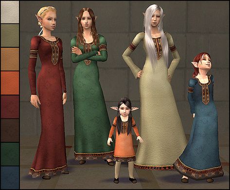 Mod The Sims - Medieval Dress 2 (Elder to Toddler) Elven Clothing, Sims Medieval, Sims 3 Mods, Medieval Gown, Medieval Clothes, Medieval Style, Sims House Design, Medieval Dress, Medieval Fashion